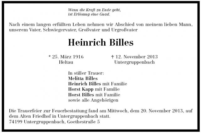 Billes Heinrich 1916-2013 Todesanzeige